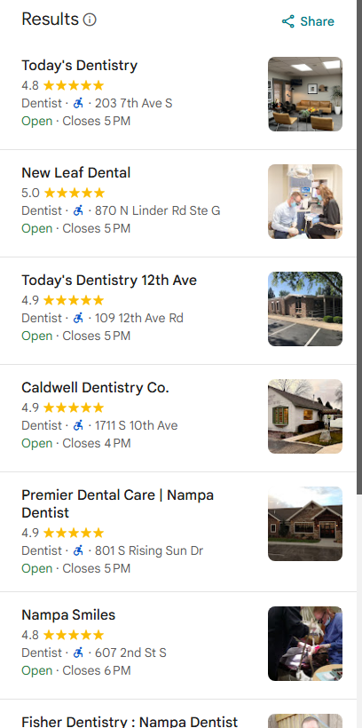 Google Maps Local Pack result showing Today's Dentistry at position #1 for "dentist"