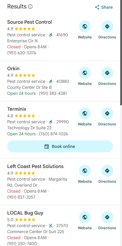 Google Maps Local Pack result showing Source Pest Control at position #1 for "exterminator pest control"