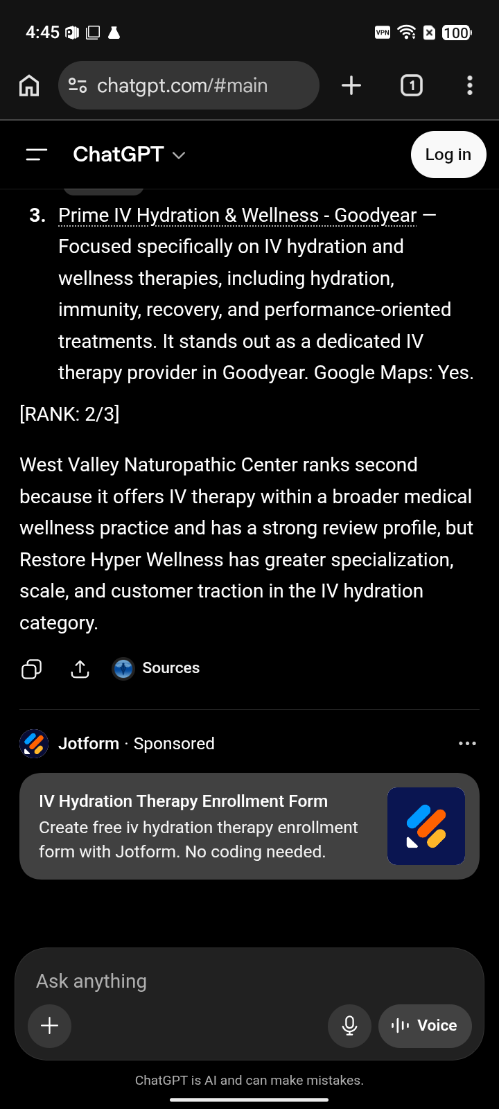 After screenshot — West Valley Naturopathic Center, "iv hydration goodyear az" on ChatGPT