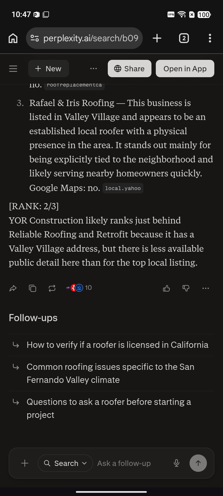 After screenshot — YOR Construction, "Roofing Contractor" on Perplexity